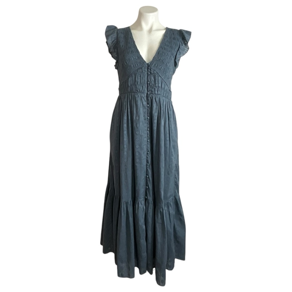 Anthropologie Slate Blue Maxi Dress with Ruffle Sleeves